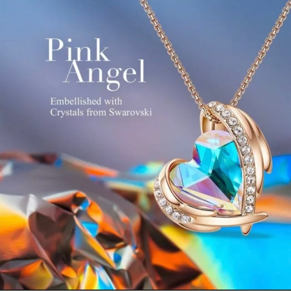 Rose Gold Rainbow Heart Swarovski Crystals Necklace